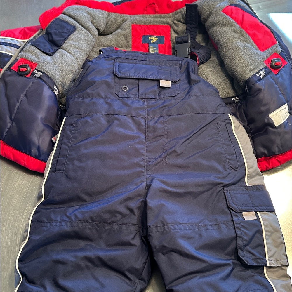 OshKosh Red and Navy Kids' Jacket and matching snow bibs.